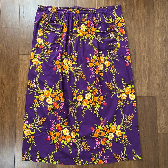 Vintage 70s Floral Peasant Skirt Maxi Purple Orange // Plus Size 2X or 3X - Picture 2 of 5